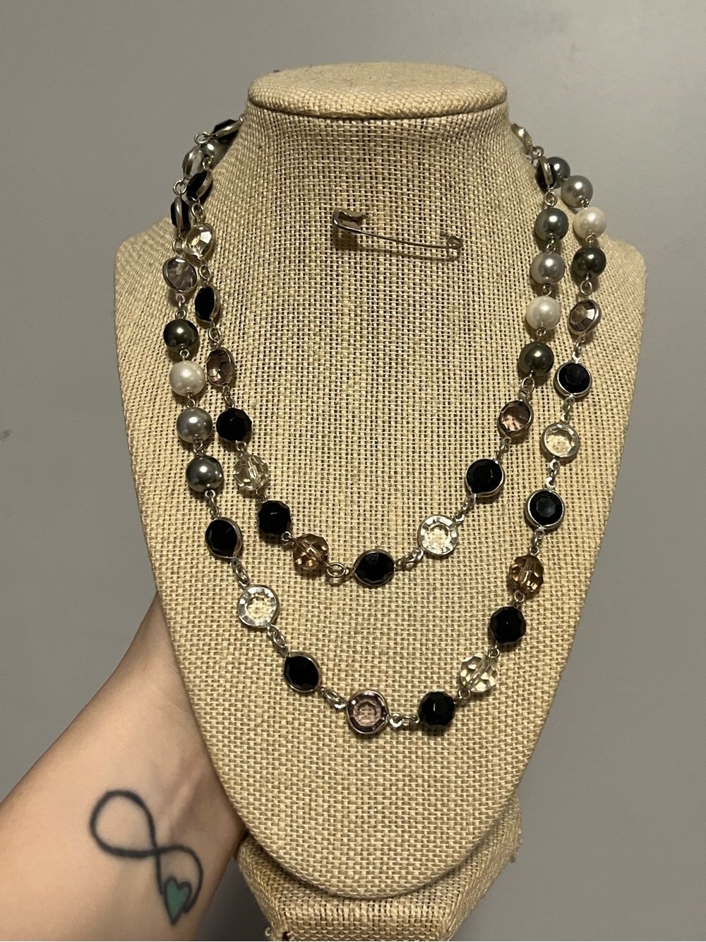 Necklace Double Layer Silver & Black Beads